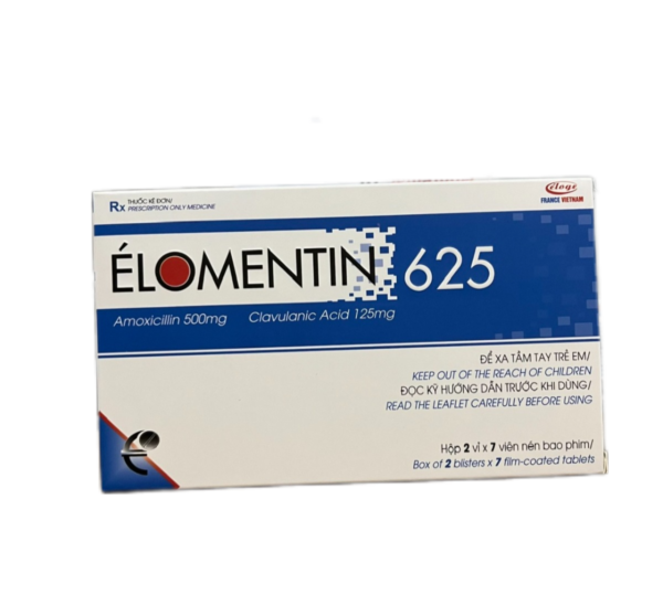 ÉLOMENTIN 625 (Amoxicillin 500mg + Acid clavulanic 125mg) Hộp 2 vỉ x 7 viên