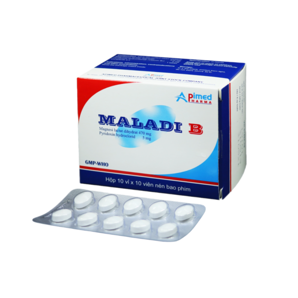 MALADI B (Magnesi lactat dihydrat 470mg, Vitamin B6 5mg) Hộp 10 vỉ x 10 viên