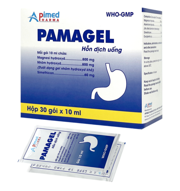 PAMAGEL (Nhôm hydroxyd 800mg , magnesi hydroxyd 800mg, simethicon 60mg) Hộp 30 gói x 10 ml