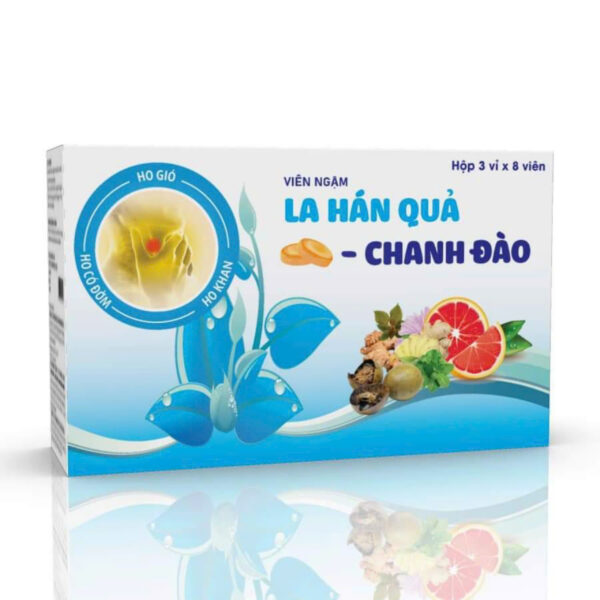 KẸO NGẬM LA HÁN QUẢ - CHANH ĐÀO (La hán quả 300mg, chanh đào 100mg, lá thường xuân 70mg, mật ong 60mg, menthol 2mg, tinh dầu tràm 2mg, tinh dầu húng chanh 1mg) Hộp 03 vỉ x 08 viên